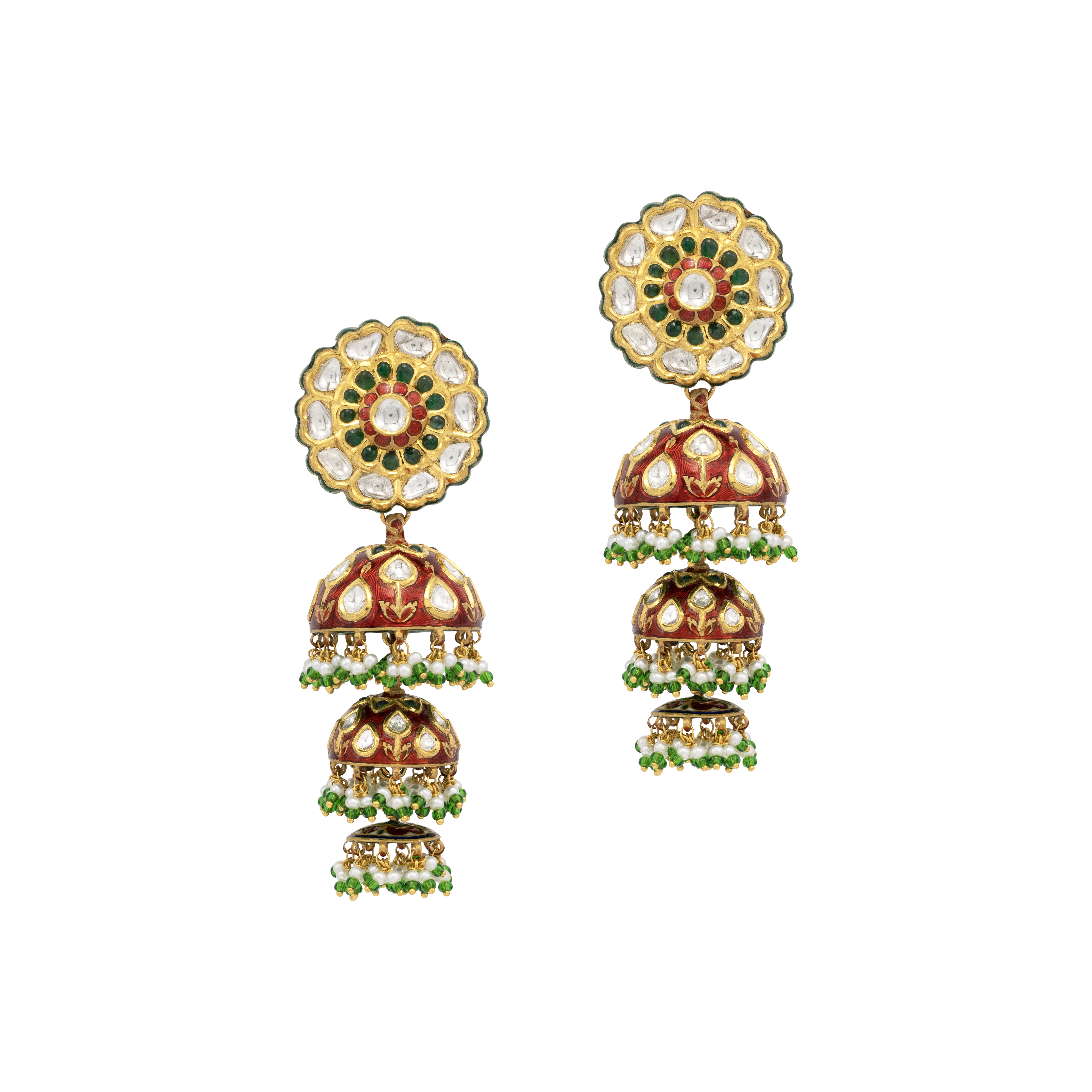 Triple-Tier Red Meenakari Jhumkis with Polki and Green Beads